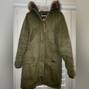 Abercrombie & Fitch Military Green sherpa lined Jacket Faux Fur Lined hood sz L